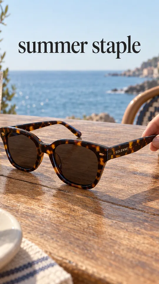 Instagram Story with "summer staple" written across it: the tortoiseshell sunglasses being unfolded on a café table by the sea