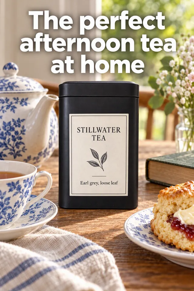Pinterest pin titled "The perfect afternoon tea at home": the Stillwater tea tin on a cozy table with a teapot, a scone and a book