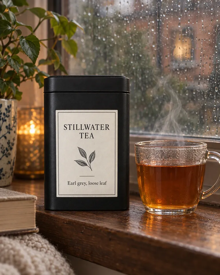 Instagram post: the Stillwater tea tin beside a steaming glass cup on a rainy windowsill