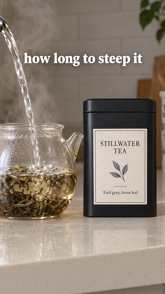 TikTok with the hook "how long to steep it": hot water pouring into a glass teapot with the Stillwater tea tin beside it