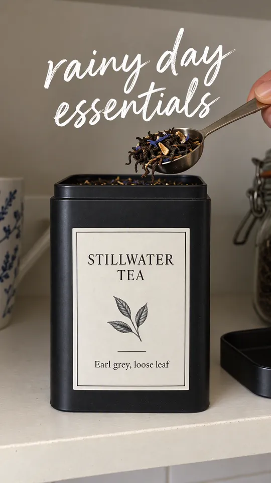Instagram Story with "rainy day essentials" written across it: a scoop of loose tea being lifted from the Stillwater open tin