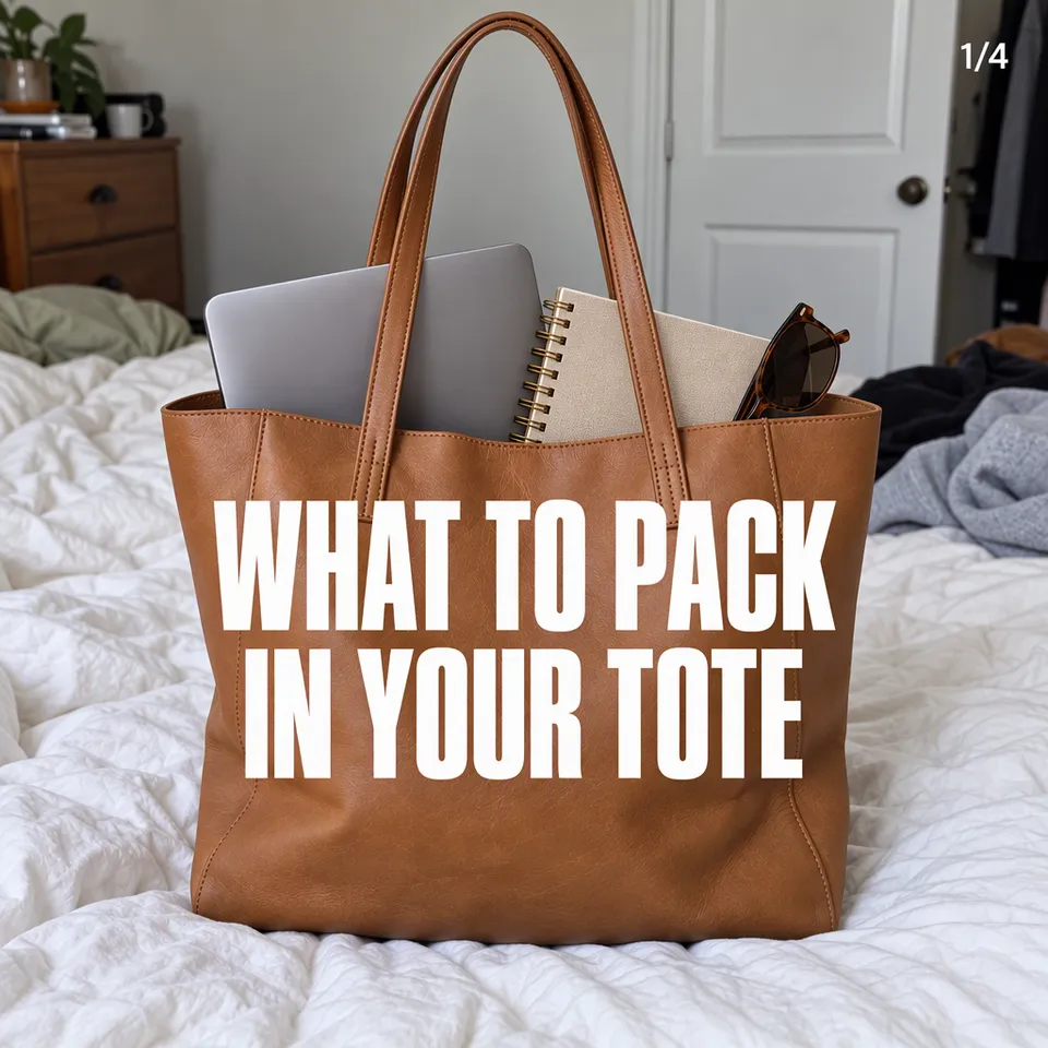 Instagram carousel cover, "What to pack in your tote": the tan leather tote with a laptop, a planner and sunglasses spilling out
