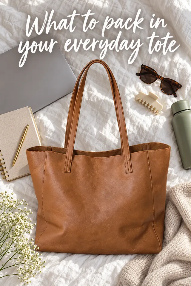 Pinterest pin titled "What to pack in your everyday tote": the tan leather tote in a flat lay with a laptop, a planner and sunglasses