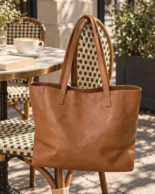 Instagram post: the tan leather tote hanging on a café chair beside a latte and a paperback on a sunny city terrace