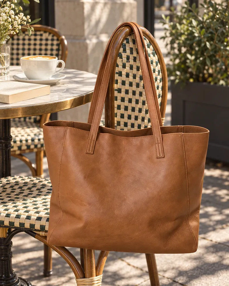 Instagram post: the tan leather tote hanging on a café chair beside a latte and a paperback on a sunny city terrace