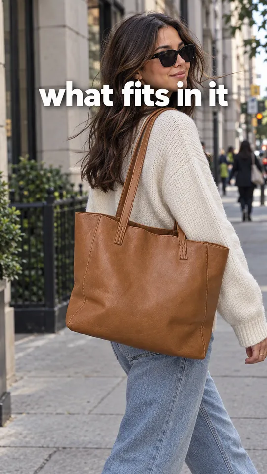 TikTok with the hook "what fits in it": a woman walking through a city street with the tan leather tote on her shoulder