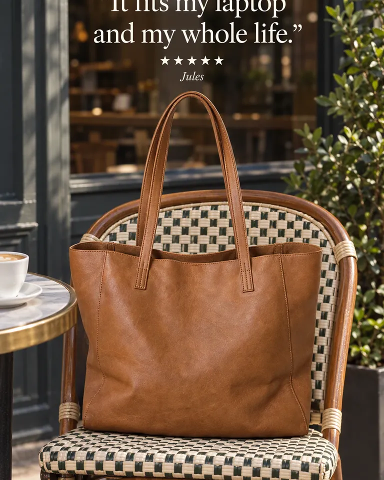 Review post quoting Jules, "It fits my laptop and my whole life.": the tan leather tote on a café chair