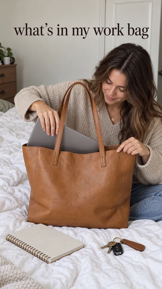 Instagram Story with "what's in my work bag" written across it: a woman packing the tan leather tote on her bed with a laptop, a notebook and keys